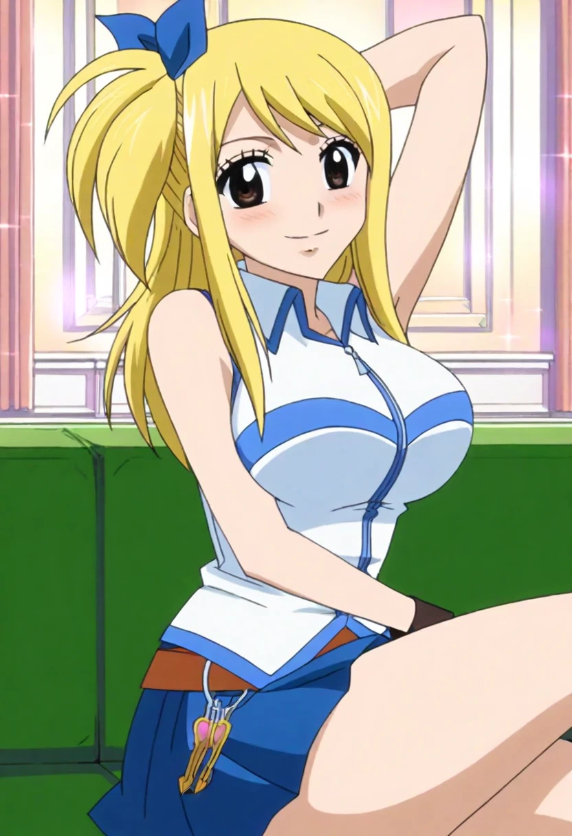 masterpiece, best quality, highres, lucy heartfilia, blonde hair, long hair, side ponytail, blue ribbon, large breasts, earrings, thigh boots, blue shirt, sleeveless shirt, white skirt, hand on hip, salute, smile, outdoors, cowboy shot