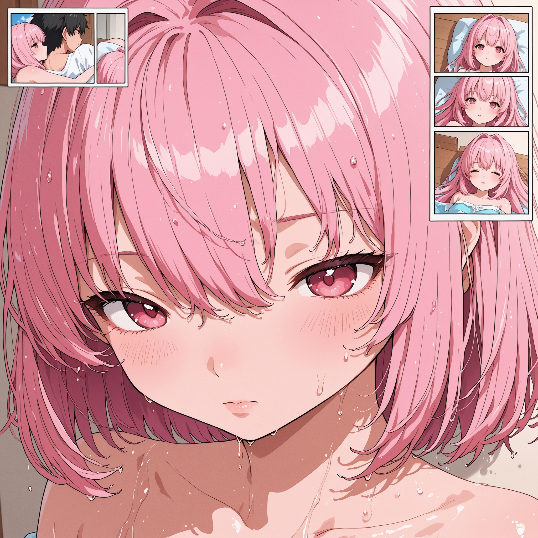 nsfw, (((female child))), 8 years old, Yellow eyes, pink hair, twin braids, Naked, steam, 1 guy, ((deepthroat)), oral, Public toilet, Expressive eyes, perfect face, best quality, face focus, 16k