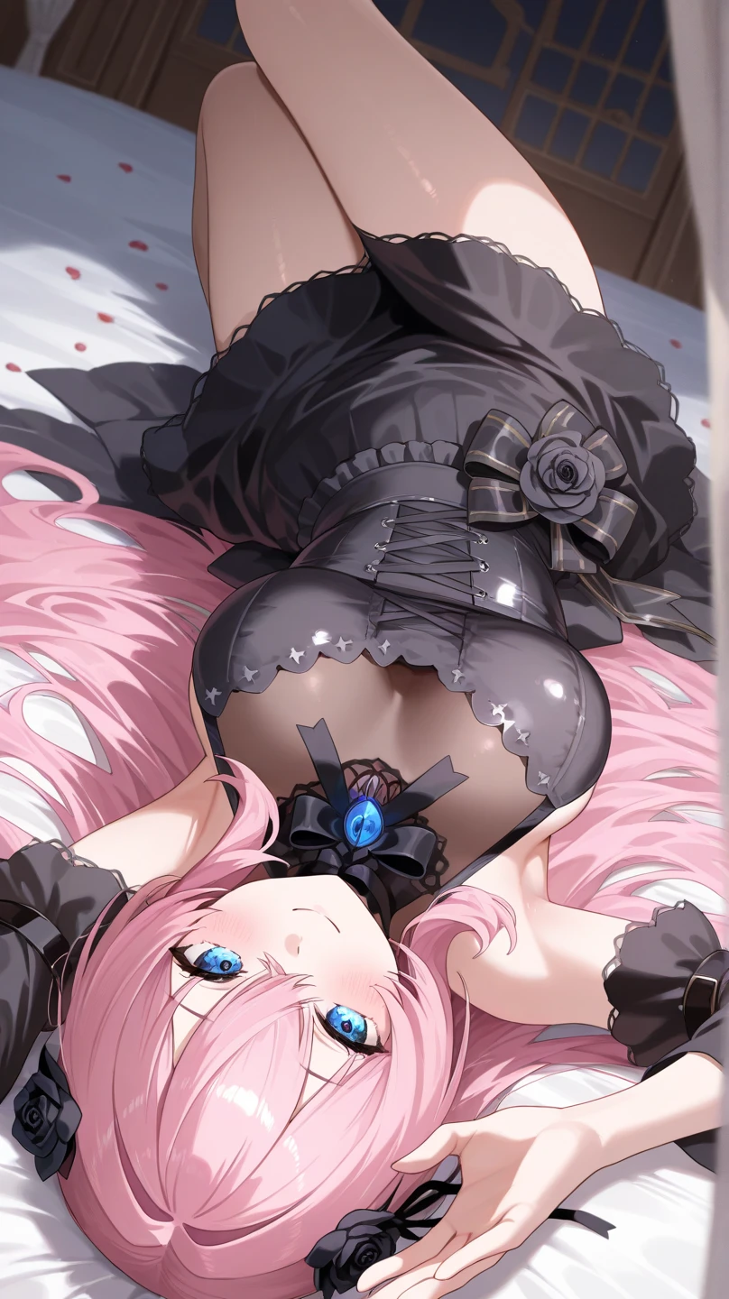 masterpiece, best quality, realistic, 1girl, pink hair, big ass, realistic legs, black lingerie, stockings, stilettos, in full growth