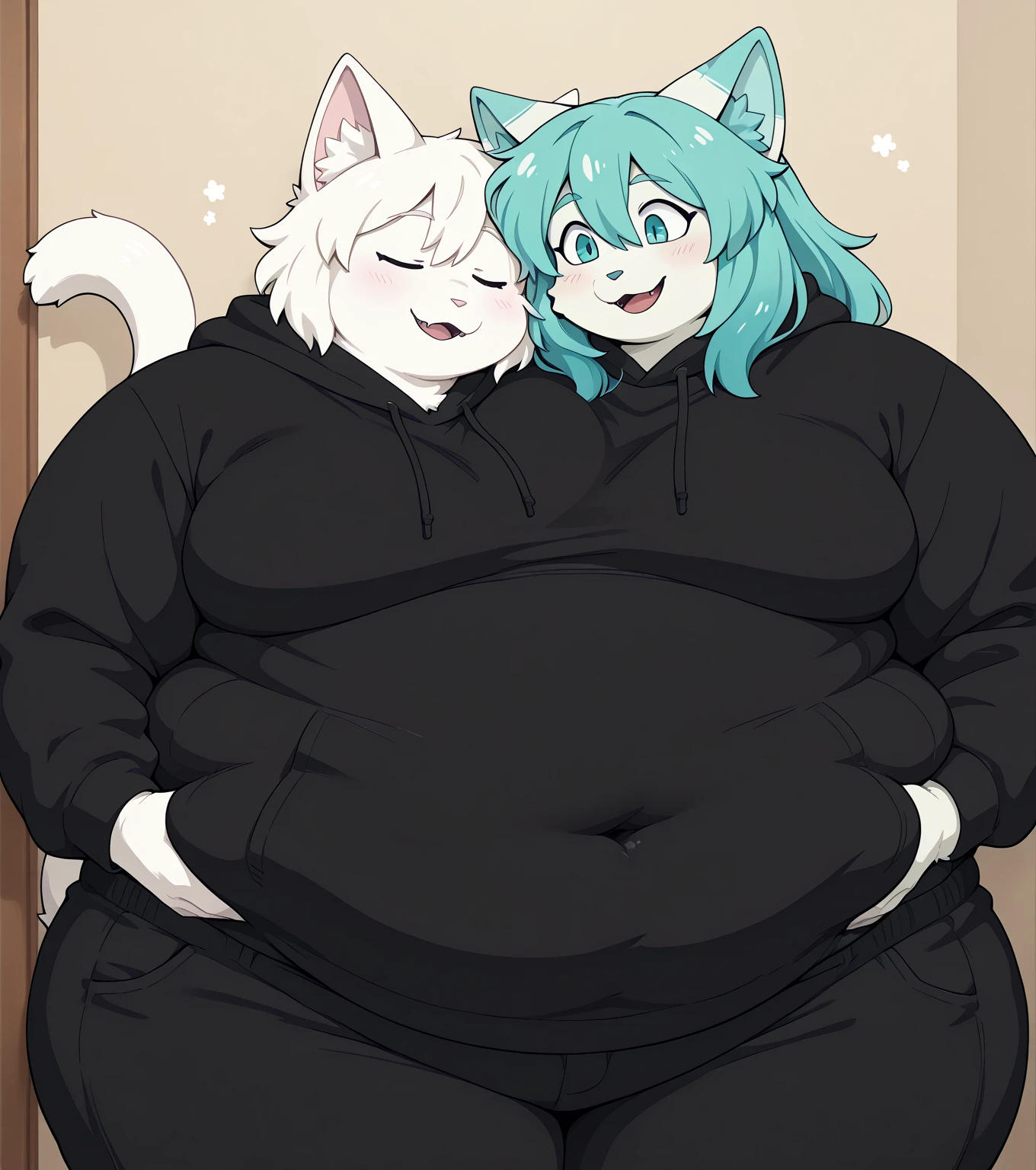 Beautiful two headed excessively fat Italian American girl with blue hair sitting on the couch in form fitting sweatpants and a hoodie. Her second head is forcing her to shit her pants. She’s straining in her face trying hard to hold it while her other head is asleep and snoring on her two headed body. You can see that she’s sitting on a huge pile in her pants.
