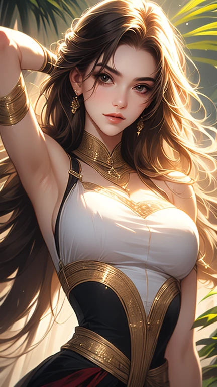 Best quality, 30 year old woman, massive breasts, brown long hair, blue eyes, skimpy gold robes, sunset, upper body, sexy, angelic, golden glow, opulent, luxurious, god rays, fluffy clouds, colourful flower field,