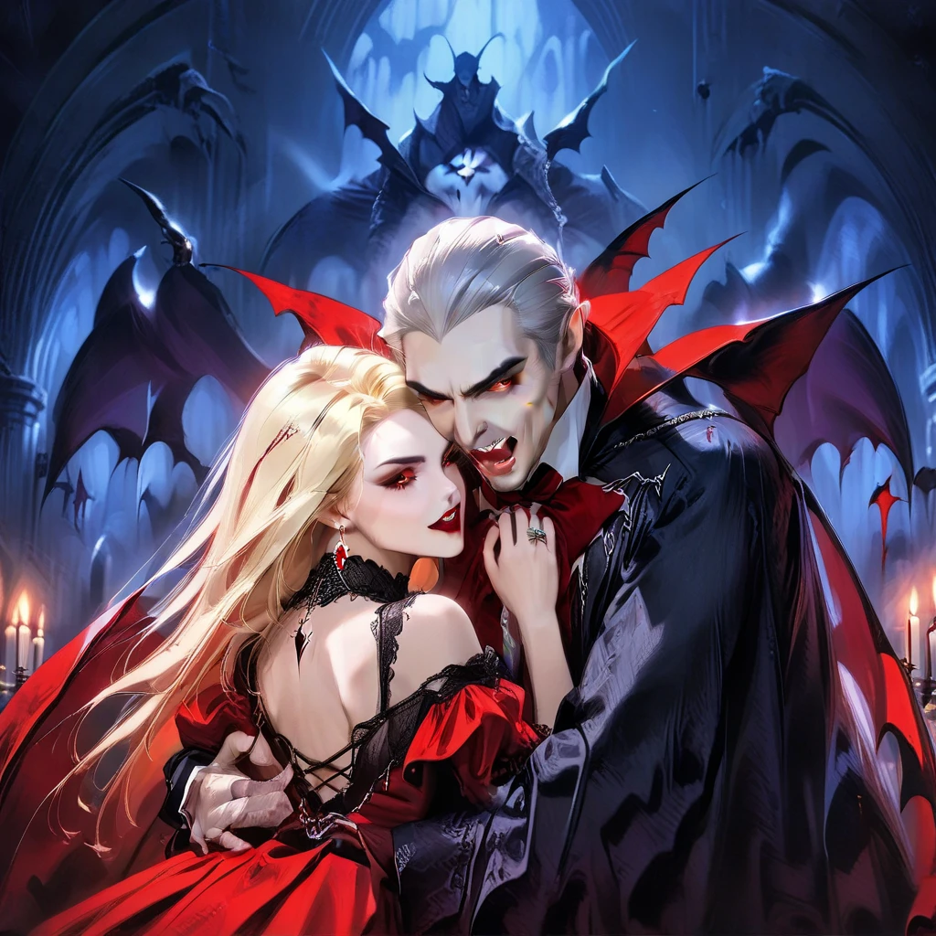 (masterpiece, top quality, best quality, official art, beautiful and aesthetic:1.2), extreme detailed, (fractal art), (black and white:1.5), (a vampire girl biting a neck of angel man in all black:1.5), (embracing), (tragic), large angel wings, dynamic angel, long hair flowing, occult, (oil painting), gloomy, holy, black background, side view