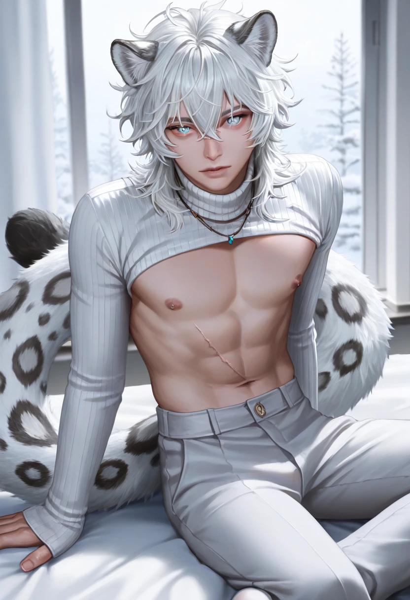 NSFW, a furry male Samoyed with piercing blue eyes, wearing sleek and vibrant cyan boxers and a matching bracelet. The Samoyed's muscular build is on full display, with a hint of a smirk playing at the corners of his mouth. His fur is immaculately groomed and shiny, adding to his allure. The setting is dimly lit, creating an intimate and seductive atmosphere. The Samoyed's gaze is intense and focused, locked on the viewer with an air of confidence and desire.