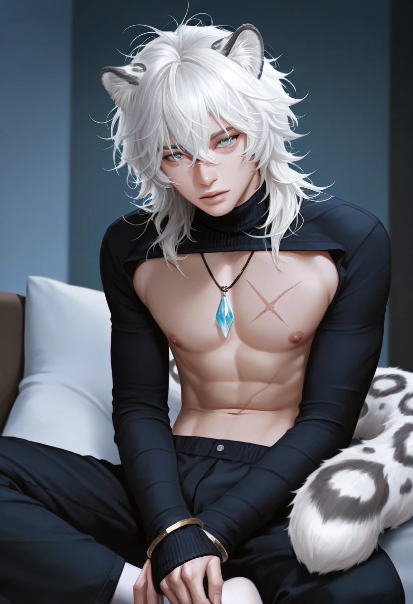 Anime guy about 16 without outerwear. Muscular with 6-pack abs and back. With white hair. Lying on the bed.