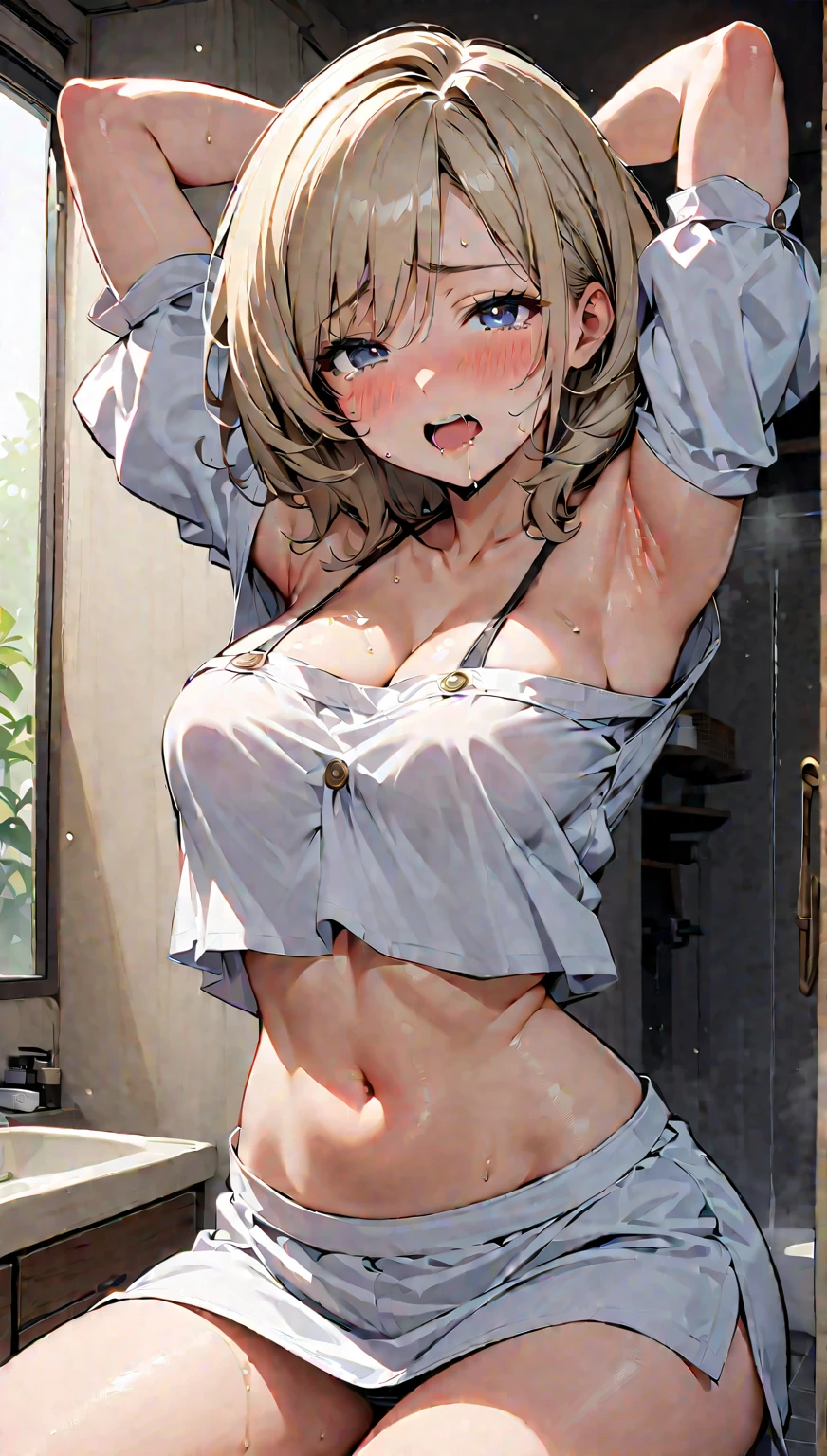 Highest quality, Super detailed, masterpiece, Ultra-high resolution, 8K, Embarrassing, blush, Lovely, Close one eye, With tears in her eyes and her mouth open, drooling, (arms behind head), wariza, (off-shoulder white shirt, micro mini skirt), cleavage out, crop top navel, 1girl, tamura is not, ore no imouto ga konna ni kawaii wake ga nai, medium breasts, Absolute area, Waistline, (Shower room, I take a shower)