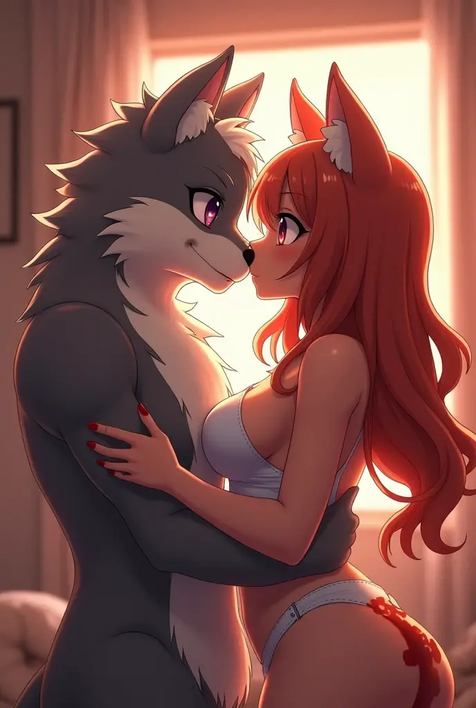 A anime sexy woman furry with enormous breaths without Clothes kissing a man and making sex