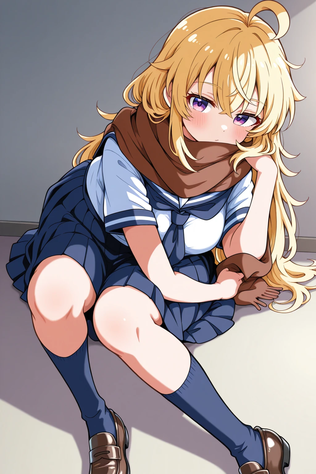 (masterpiece), (Highest quality), (Super detailed), ((Very delicate and beautiful)), One girl, 独奏, Satsuki, Blonde, Black Sailor Suit, White neckerchief, Crescent Pin, (very long hair), smile, Flat Chest, belt, Black Skirt, Open your mouth, Sitting, on bed, indoors, Detailed iris, young, (Skirt Lift), (panties), Butt, From below