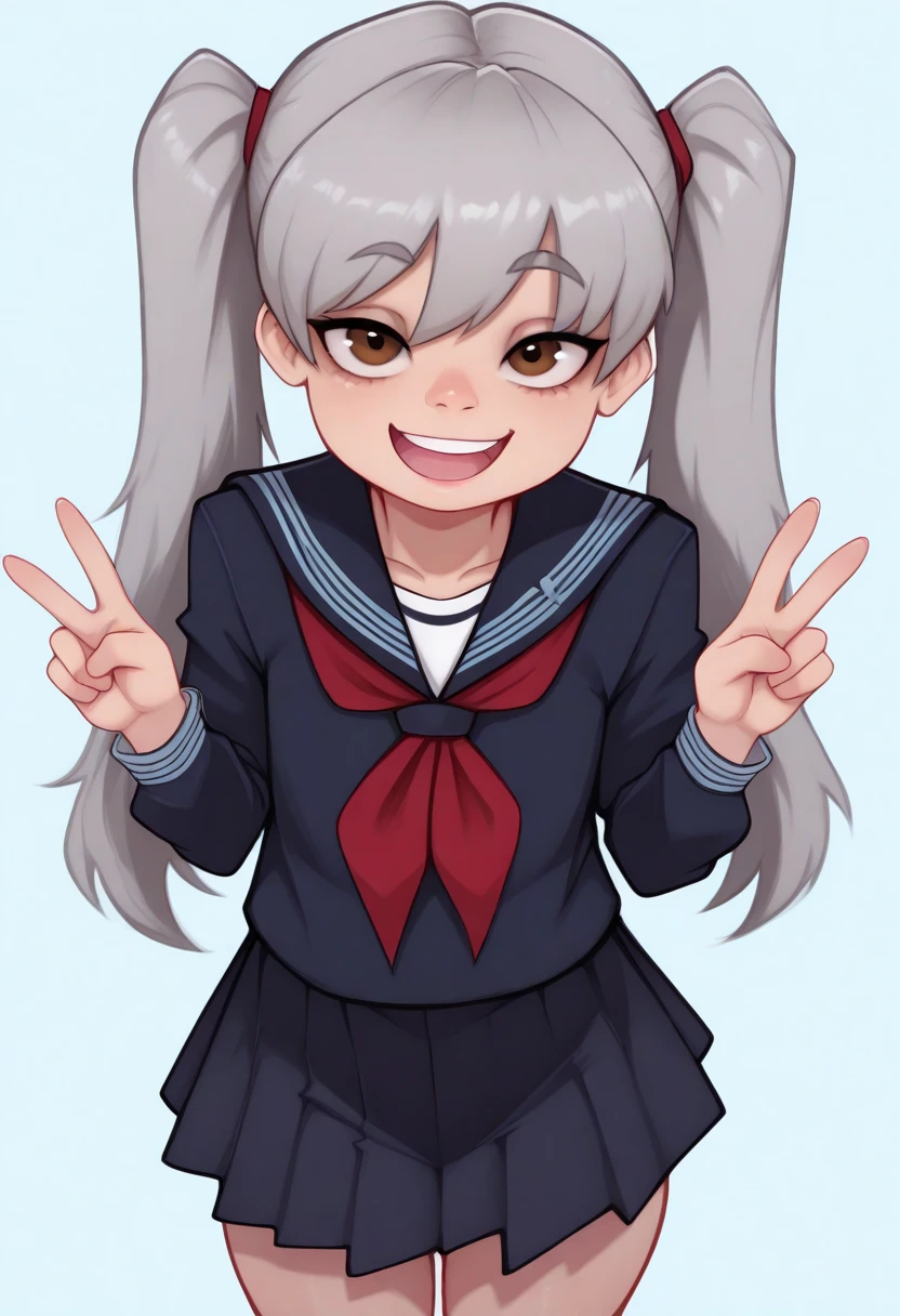 score_9, score_8_up, score_7_up, 1girl, solo, masterpiece, best quality, perfect eyes, ultra-detailed, amazing quality, very aesthetic, perfect composition, intricate details, masterpiece, best quality, amazing quality, very aesthetic, absurdres, newest,  c7ilf, brown eyes, grey hair, long hair, long twintails, large , wearing serafuku, pleated skirt, upper body, solo, looking at viewer, :D, solo, v, 
simple background, light blue background,  geh1, c7ilf, eigaka, possmach, asura \(asurauser\), dyamiochi, ttbo, hip dips, thick thighs