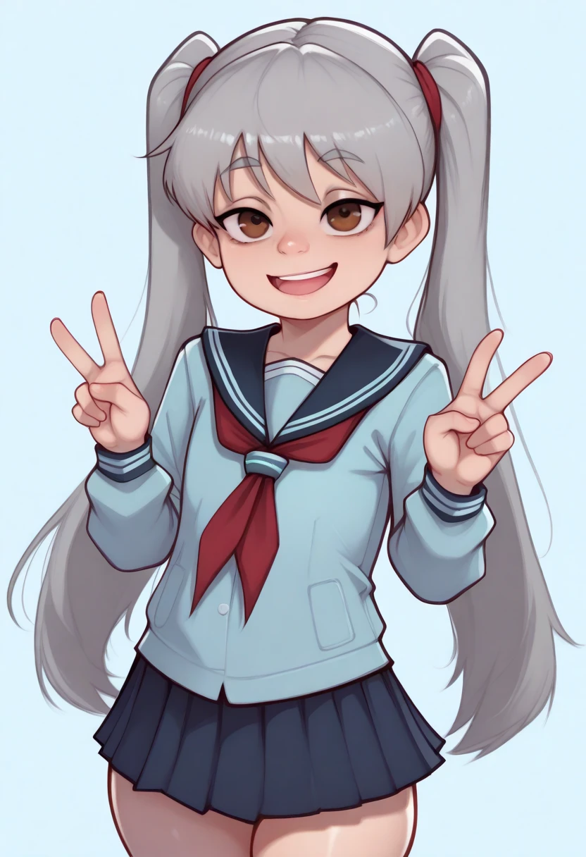score_9, score_8_up, score_7_up, 1girl, solo, masterpiece, best quality, perfect eyes, ultra-detailed, amazing quality, very aesthetic, perfect composition, intricate details, masterpiece, best quality, amazing quality, very aesthetic, absurdres, newest,  c7ilf, brown eyes, grey hair, long hair, long twintails, large , wearing serafuku, pleated skirt, upper body, solo, looking at viewer, :D, solo, v, 
simple background, light blue background,  geh1, c7ilf, eigaka, possmach, asura \(asurauser\), dyamiochi, ttbo, hip dips, thick thighs