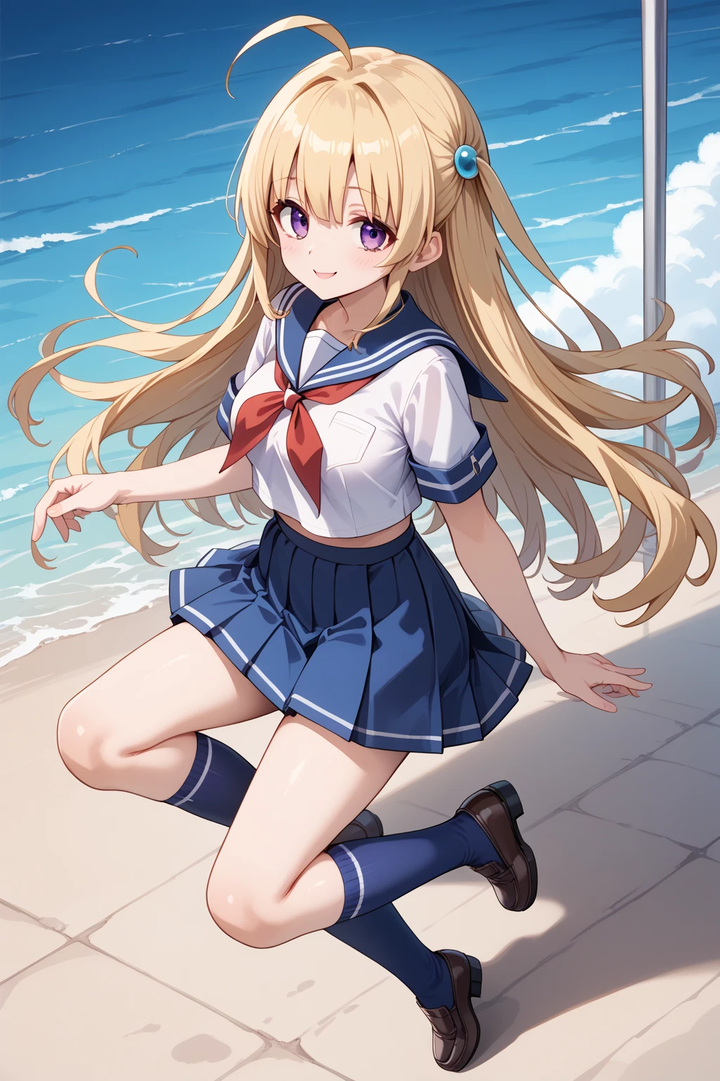 masterpiece, best quality, masterpiece,best quality,official art,extremely detailed CG unity 8k wallpaper, loli, adorable girl, kawaii, mesugaki, platinum blonde hair, hime_cut, cute face, laughing, large breasts, blue eyes, pleated_skirt, serafuku, black kneehighs, uwabaki, crossed_legs,