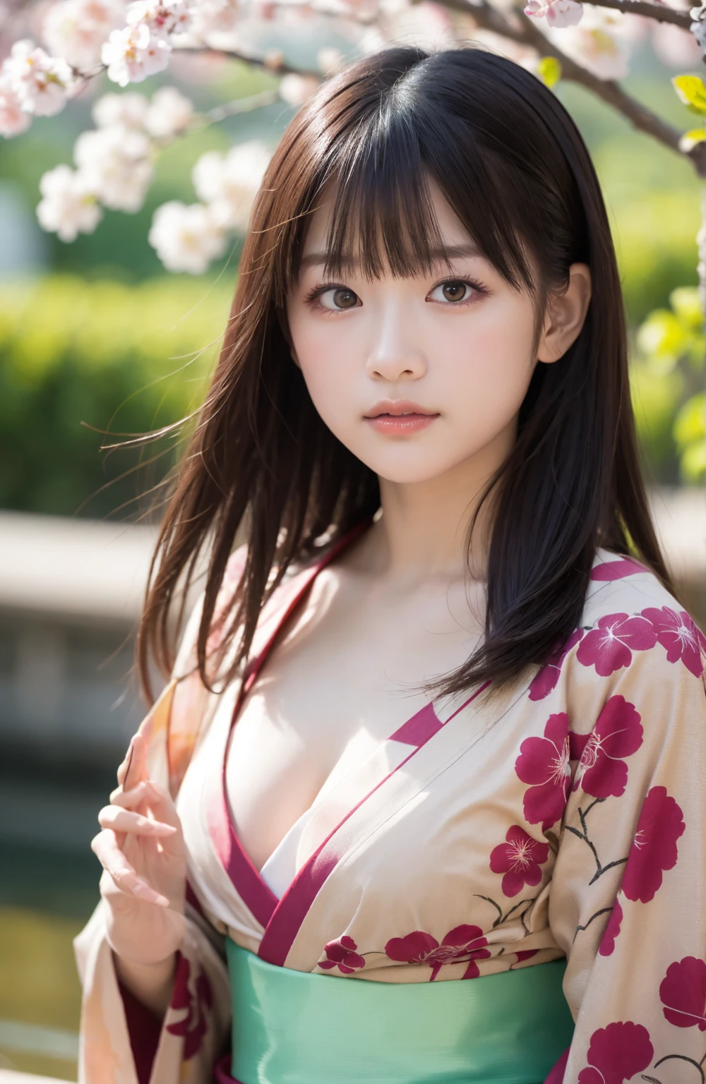 1 female, young japanese woman, 25 years old, focus only, Black updated hair, brown eyes,
Detailed nipples, fit the body, Kimono with dark floral pattern, japanese samurai master, masterpiece, Ultra HD, RAW photo, fine skin texture, detailed face, fine hair, fine kimono, perfect hands, dynamic angle,