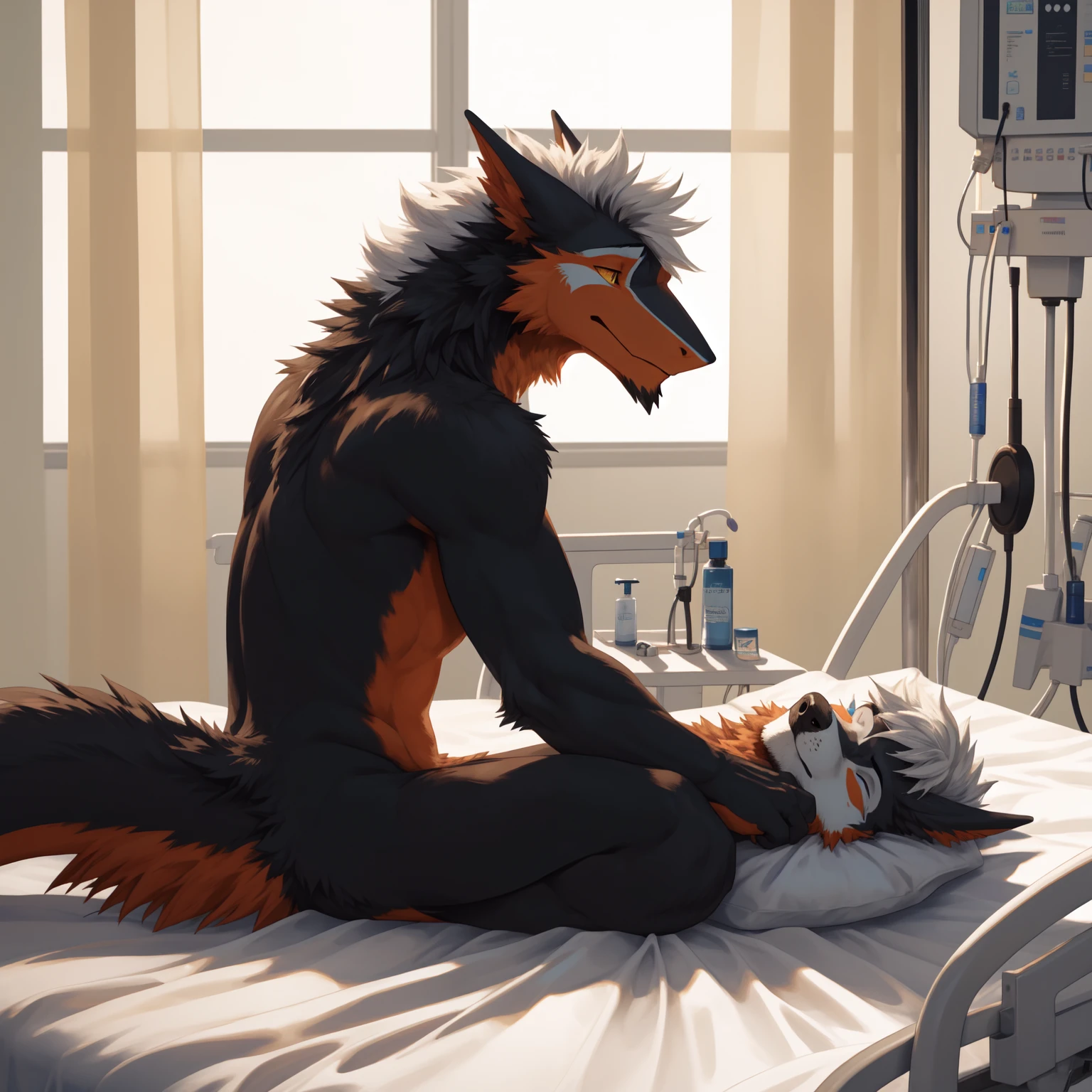 Best quality, Diederich, Furry Wolf, Red Fur, Red eyes, Medium Muscular Body, Handsome, Good Looking, White socks, Topless, Cool Pose, Sweat, Arms back, Trunks, Leg speard, Cool collar, Tamed, Struggling, Coma, Secret laboratory, Lying on the operating table, Undergo body modification surgery