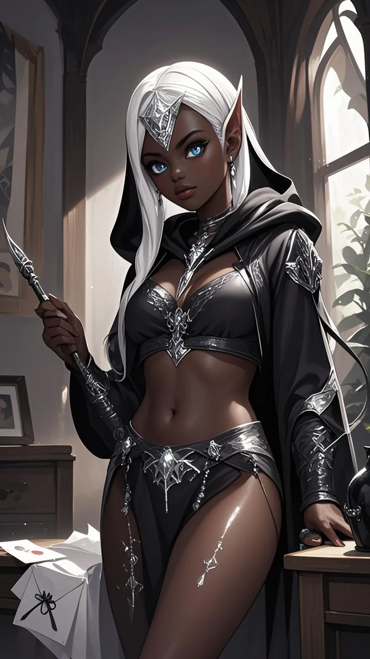 ((best quality)), ((masterpiece)), (detailed), 1girl, mixed race girl, African American + Caucasian girl with lighter skin, young woman, beautiful, skinny, white hair, modern western attire, dark cloak, wearing casual clothes underneath cloak, black pants, 2024 style corset top (modern look, no shirt underneath),