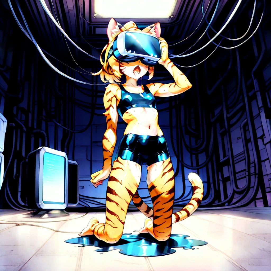 In a vibrant, stylized digital illustration, a miniature catgirl stands amidst a futuristic forest, reminiscent of Masamune Shirow's iconic cyberpunk aesthetic. The beautiful young feline, donning a black dress with a flared skirt and a bright yellow bow, showcases her alluring features. A sleek, slender tail, akin to that of a cat, extends from her back, adding a whimsical touch. Her striking features are accentuated by a subtle glow, as if lit by an otherworldly light. In the background, cybernetic trees and glowing orbs create a futuristic landscape, while the girl's pose exudes confidence and allure, inspired by Anya's charm in Spy x Family. The overall composition, reminiscent of comic book pinups, is a perfect blend of fantasy and science fiction.