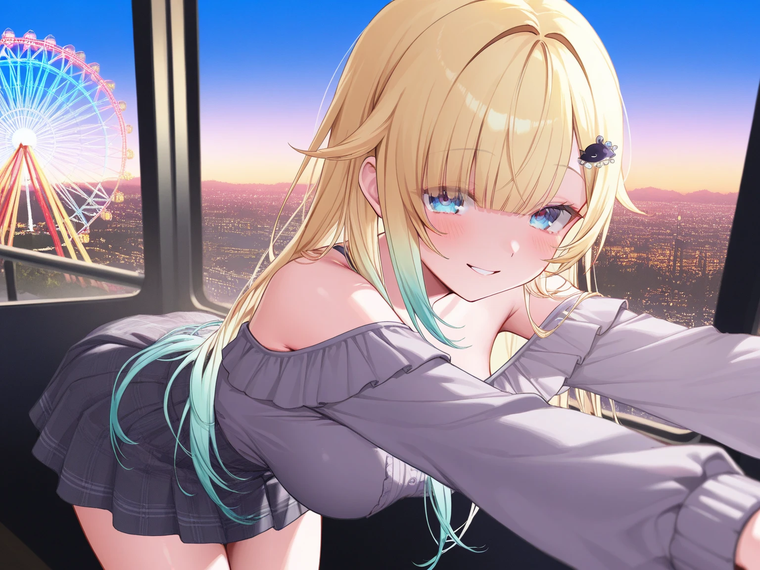 Official Art, masterpiece, Clear focus, (beautiful, Beautiful and cute Korean woman:1.3), (Beautiful and cute Korean:1.3), Korean beauty, 精致beautiful头发、Eyes and face, actual, Super detailed, beautiful女孩, Blue sky, Glowing white particles, (Side Light:1.2), Sunlight, White Cloud, Detailed clouds, Slim, Such a cute big ass, Smile with teeth bared, ((Smile with your eyes, Open your eyes)), landscape, Long straight hair, sexy facial expression, architecture, (city View:1.7), Dynamic Hair, very Long straight hair, Delicate blonde hair, Green Eyes, Pink skirt, Black socks, Pale skin, Hair accessories, epic landscape,,White high heels,Nice ass,beautiful buttocks,There's nothing under the skirt.,weight loss