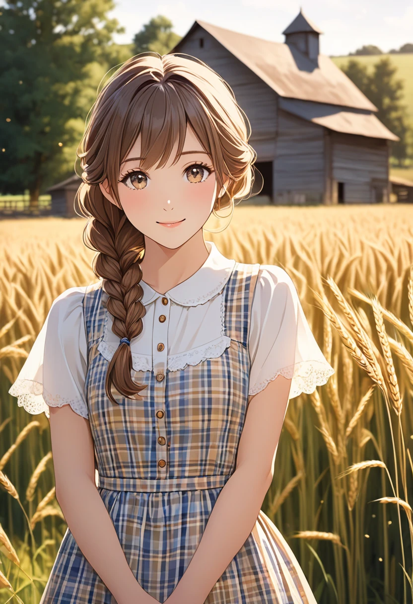 brunette hair, hair bubbles, cringe, long eyelashes, solid round eyes, light smile, ear blush, surrealism, shadow, emboss, diorama diagram, tachi-e, pov, atmospheric perspective, cinematic lighting, anime style, jitter, ray tracing, 8k, super detail, ccurate, best quality, masterpiece, masterpiece, anatomically correct, textured skin, super detail, high detail, high quality, high quality, high quality, high resolution, 16k. In the field, young people sweat and carry hoes, busy in the field, surrounded by emerald green wheat seedlings. The young man was dressed in a simple peasant costume, busy but smiling, and a happy look gradually appeared on his face. Smooth brushstrokes, emphasis on fields and wheat seedlings, emerald green tones, highlighting youth clothing, delicate textures, multi-layered colors, strong sunlight from above, shadow effect, 8k