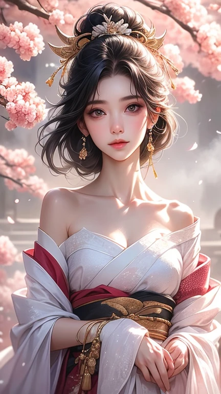 (,One girl, throw,highest quality, ) , (((,One girl, alone, Big Breasts, View Viewer, cherry blossoms ))) Ultra-realistic 8K CG, perfection, clean, masterpiece, Professional artwork, Famous works of art, Cinema Lighting, Cinematic Flowers, perfectionな顔, Beautiful Face, Fantasy, dream-like, unrealistic, SF, race, race trim, race-trimmed legwear, luxury, jewelry, diamond, Money, Pearl, gem, sapphire, Ruby, Emerald, Intricate details, Delicate pattern, Charm, Fascinating, Fascinating, erotic, Fascinating, hair ornaments, neckrace, Earrings, bracelet, Bracelet,Hello,autumn, From above,