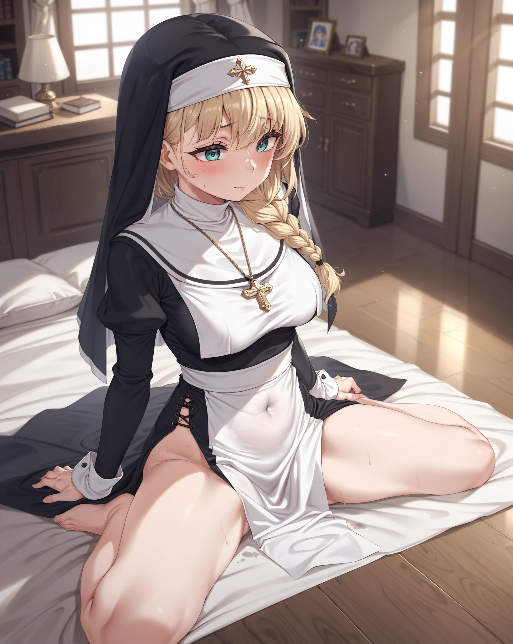 Highest quality, masterpiece, One girl, (alone:1.1), Ray Tracing, Super detailed,Detailed face, 8k 壁paper,Angle from the front、On all fours、Pray to God。Praying pose、corridor、 Wide Hips, Embarrassed face, Nuns, One girl, Blonde, Big Breasts, Long Hair,(Black Dress) Monastic clothes, blue eyes, necklace、Sweat、