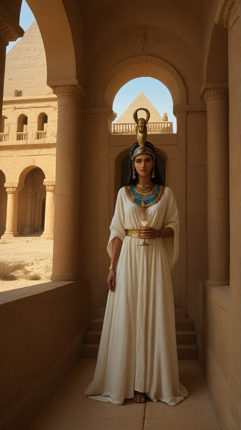 Ancient Egyptian woman in white transparent ancient clothing 4K golden hour HDR 64 megapixels lens flare beautiful photorealistic prehistoricore