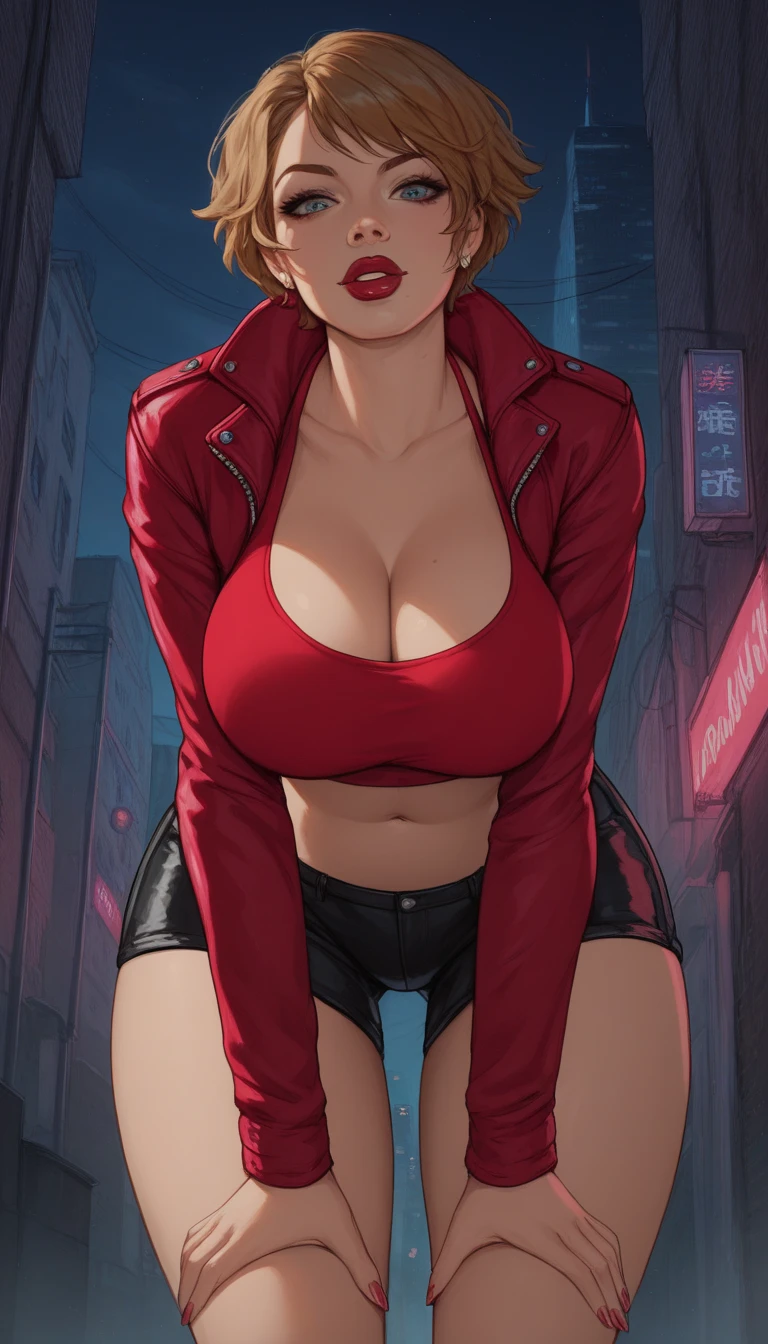 Bewitching anime busty woman in red suit and tight skirt、Black tights,Inviting look、Show off your chest、Shirt and brown hair,Ecchi anime style, bending forward,Kamimei,Red Light District at Night,neons、Bokeh in the background