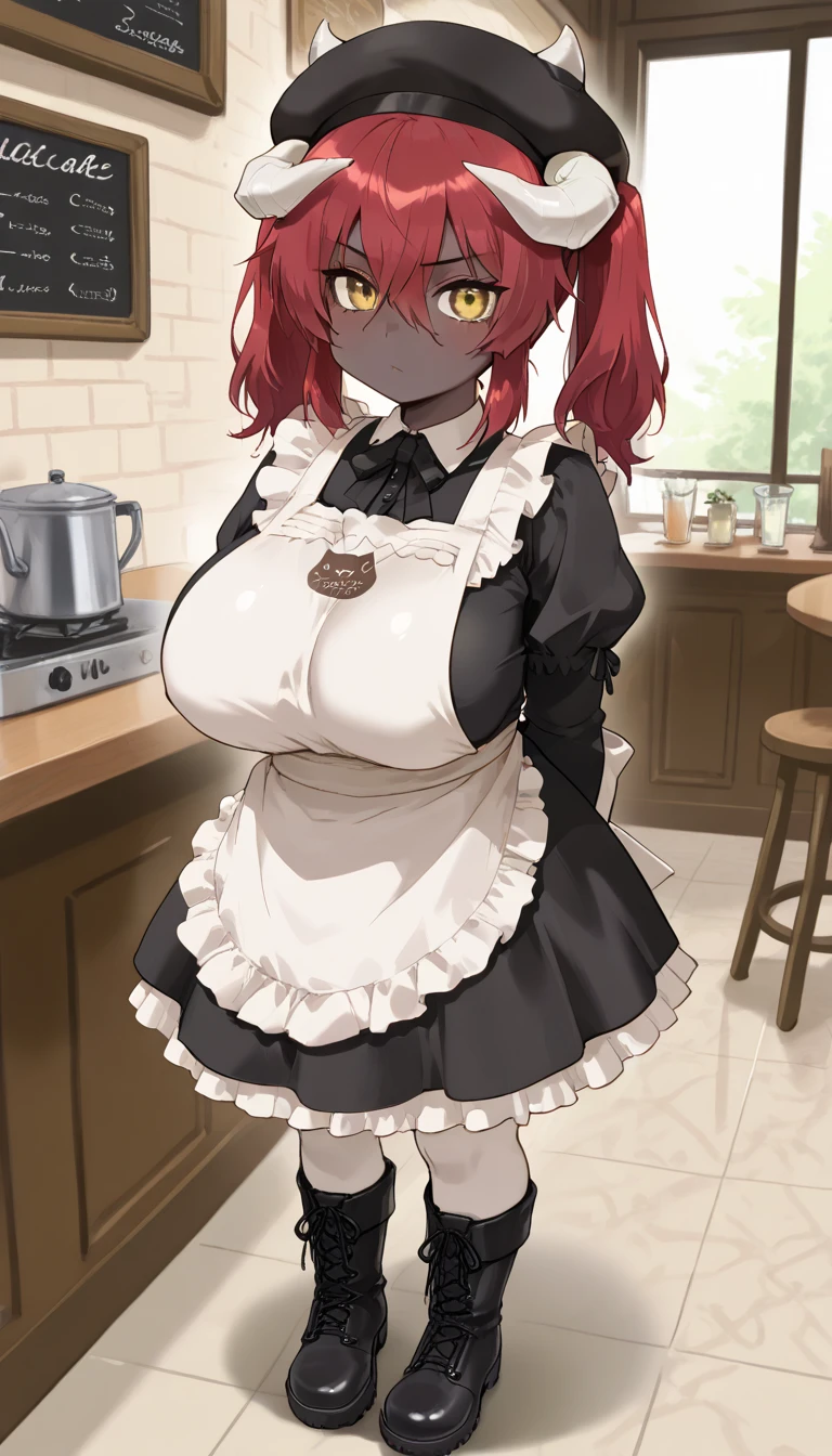 (Morbidly obese:1,1)1girl, solo(masterpiece, best quality:1.4), illustration, 8k, hd, 1girl, solo, short_messy_hair, red_hair, dress, white_thighhighs, no underwear, short_sleeves, frills, apron, brown_eyes, cleavage, metal_collar, anchor_choker, maid, white maid, ((big breast, angry, delinquent, bully, piercing, smirk)), (restaurant, maid cafe)