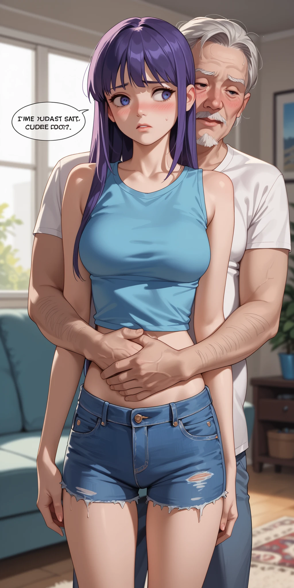 creates a realistic 3D image, a pair of male and female lovers kissing each other warmly, the man is wearing a blue hoodie, jeans, and the woman is only wearing a sexy bikini. The background is bright blue with intense light quality.