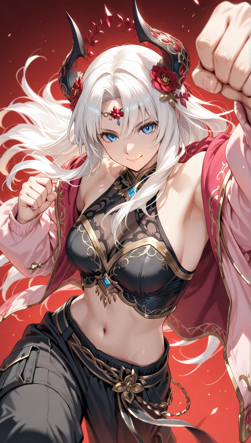 Muscular girl, samurai, smug, grin