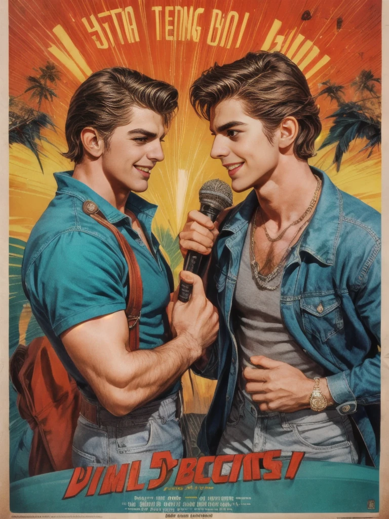 1980s \(style\) retro movie poster, skinny latin boy, (two hairy gay men with grins:0.9), huge bold text, poster art, disco theme, strong, bold inking techniques, romantic design
