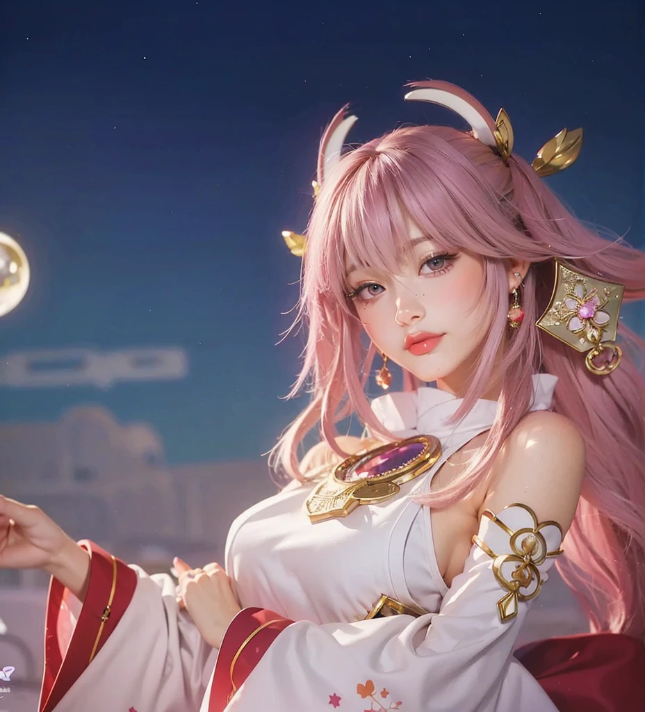 kpop idol, yae miko, detached sleeves, bare shoulders, pink hair, long hair, japanese clothes, best quality, (painting:1.5), (hair ornament:1.35), jewelry, purple eyes, earrings, (very huge round breasts, big breasts: 1.3), torii, cherry blossoms, lantern light, depth of field face focus, ribbon_trim, (looking at viewer:1.25), nontraditional miko, shiny skin, long sleeves, smile, thick lips, hands on lips, east asian architecture, (blurry background:1.2), sitting, upper body,((ultra high res, 8k, RAW photo, best quality, masterpiece:1.47746,realistic:1.4, photo-realistic:1.4,cinematic lighting:1,intricate details:1,raw photo:1))(((ultra-detailed:1.47746))),professional lighting,((physically-based rendering:1)), ((ruddy skin:1,sweat))lens flare,ray tracing ,(extremely detailed face, beautiful detailed eyes,expressive hair:1.5,shiny hair;1)cinematic lighting,(vivid expression) (body muscle:1) solo(1girl:1.5)((smiling:1),(plump figure:1,blance body:1)(realistic hand,realistic clothes)