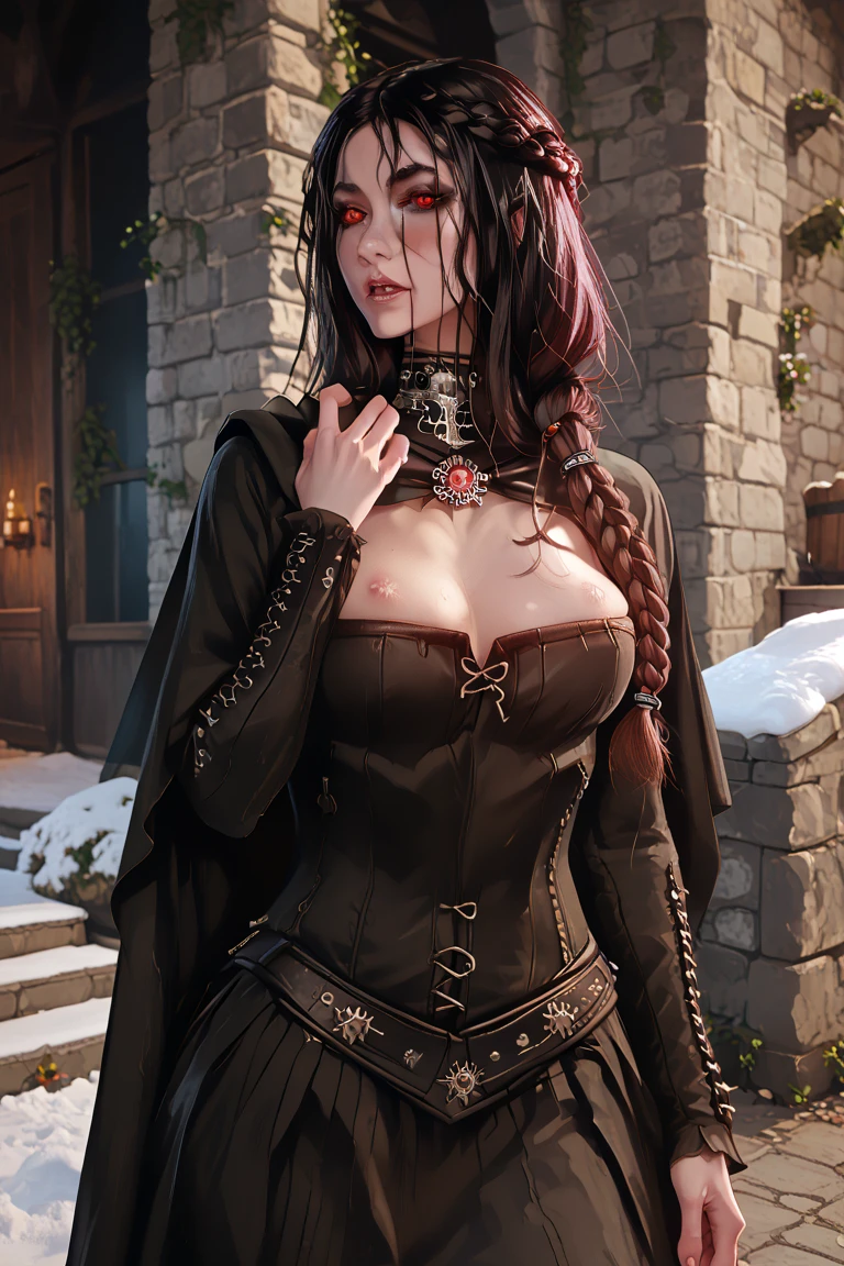 (masterpiece:1.2, best quality), realistic, (real picture, intricate details, depth of field), make up, parted lips, highly-detailed, perfect face, (from directly above),
(huge breasts:1.4), (skindentation:1.3), tall, long legs, thick thighs, small waist, jewelry, (red hairs, red eyes), eyelashes, glossy coral lips, choker, heart, gem,
mature woman, black lace gothic dress, see-through, black shoes, black veil, long sleeves, seductive smile, thighhighs,
dramatic makeup, piecing,
standing in the wood, mythical atmosphere, dark graves, cross tombstone, fog, volumetric lighting,
outdoor, nighttime, raining, complex background,