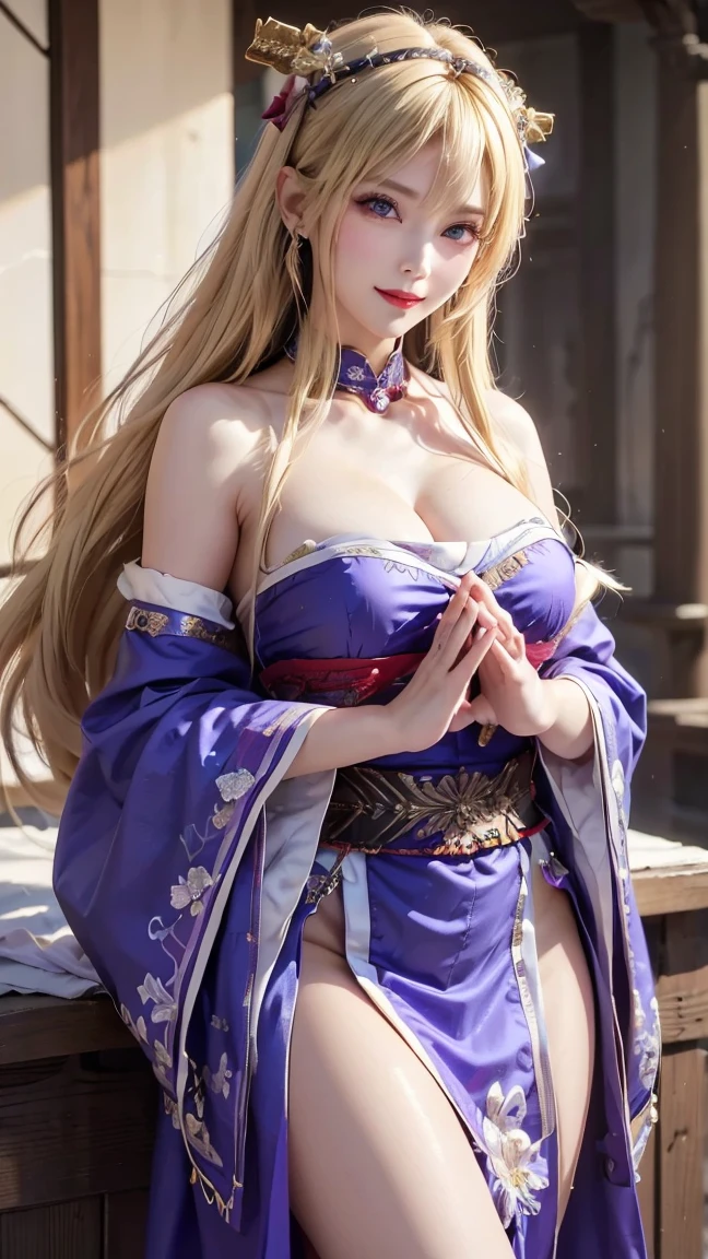 Marie Rose、blondehair、((12year old)), hair((blondehair, long, Wavy)), Eyes((Smart Eyes, noisette)), Clothes((warior clothes, Samurai Armored, Light purple)), Ponytail, shock, Colossal tits, huge-breasted, oppai, temple, shrines,