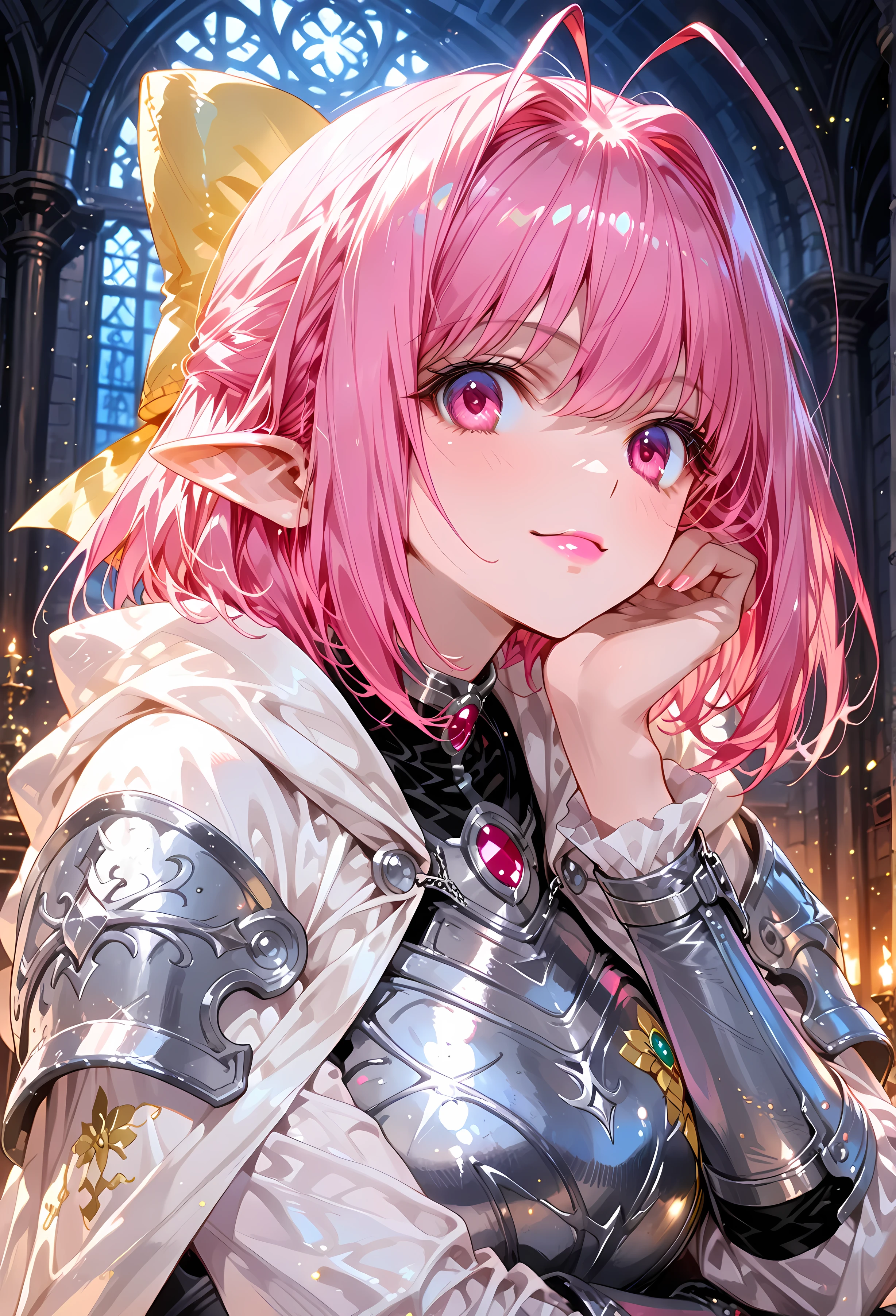 748cmstyle, detailedanimegirl, Bust Shot、Masterpiece、high resolution、high quality、32k、kanon nakagawa | nakagawa kanon、 hair bow、antenna hair 、(Elf Woman、Pink hair、short hair、Pink Eyes、Pink lip gloss、Shining silver, noble armor、Metal breastplate、Shoulder rest、tiny hand、White cloak)、Smiling Kindly、Look at me with a favorable eye、Inside the castle at night、(Focus on the upper body)