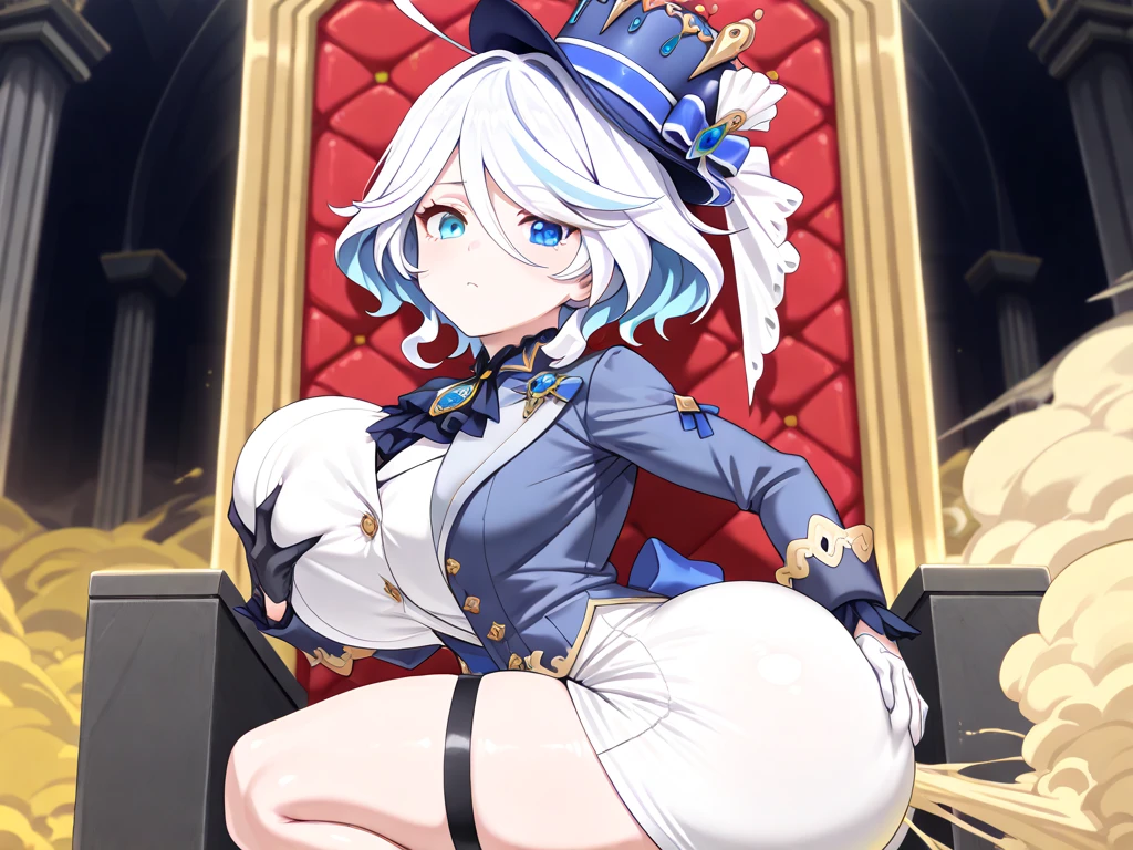 A woman wearing a white martial band uniform with gold details,holding a musical instrument, a white martial band hat, weak blue hair, blue eyes, in a large city at night with several people in the background wearing a martial band uniform.
