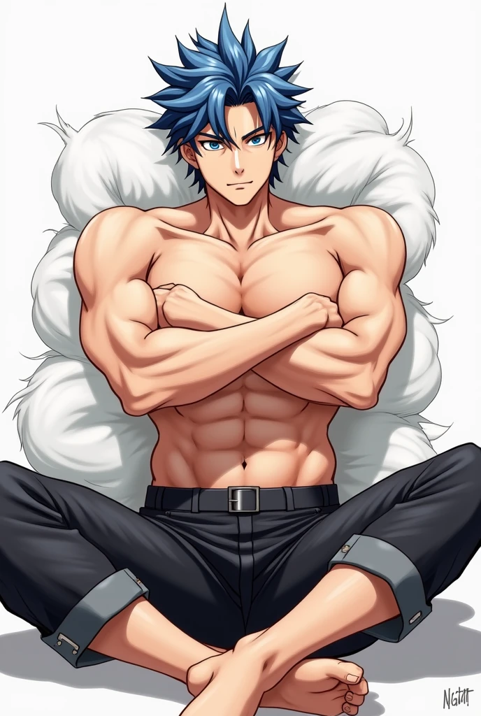 Anime boy, handsome, showing chest, tanned skin, thick thighs, bedroom
