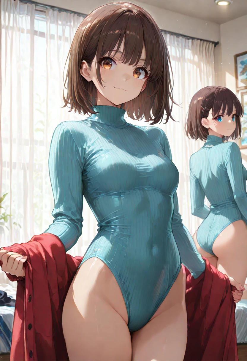 highquality illustration, masterpiece, very delicate and beautiful, attractive girl,(colorful leotard, heattech leotard,tight leotard,long_sleeve leotard,ribbed leotard,high_leg leotard,turtleneck leotard), thin,slender body,slim,gymnastics club,2 girls,gymnastics athlete,bare legs,gymnasium background,beautiful eyes, light smile,(masterpiece, best quality:1.2), highres, extremely detailed CG unity 8k wallpaper, perfect lighting, Colourful, ultra-high res,4K,ultra-detailed, photography, 8K, HDR,  17 ages, 