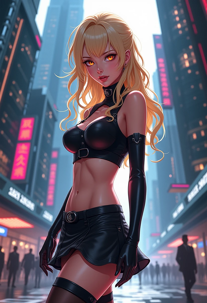 Beautiful woman, slavery clothes, blond, (leathery), revealing, sensuous, Skinned, ((アニメ)), illustration, full colors, foto perfil, Akira Toriyama style, toei animation, in a city at night, (cyberpunk style), medium breasts, breasts small, opaque colors