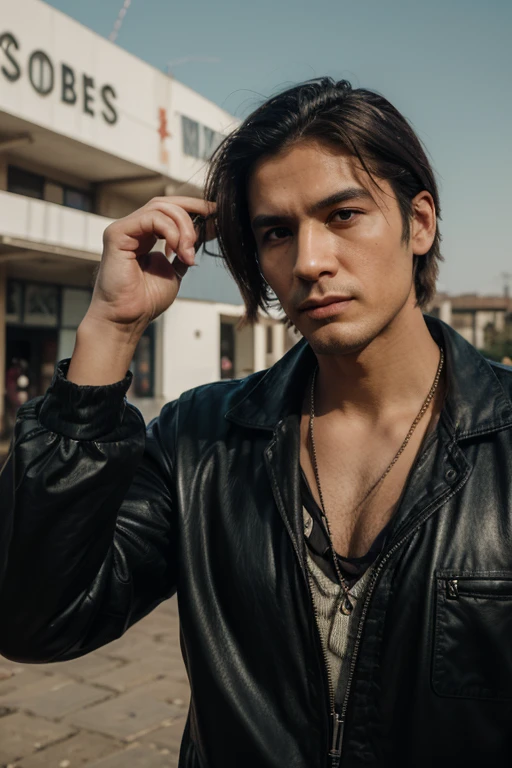 8k,Ara wearing a leather jacket stands on the beach々nice man々new image, super handsome prince(like the real thing),Jacen Solo, by ヤン・J, Inspired by Raymond Han, Demon Slayer: Kimetsu no Yaiba Art Handsome Man, Caleb resigns from important position, handsome anime pose, Inspired by Adam Dalio Kiel, beautiful androgynous prince, Makoto Shinkai ( apex legend ), inspired by Han Gan,masterpiece,Photorealistic RAW photos of the highest quality。bright colors,rich colors, Backlight, cinematic lighting, film grain, to be born, 50mm lens, Nikon D850,realistic skin,detailed character art,ultra high resolution,realistic skin,mountain path,beard,comical pose,laugh with your mouth wide open,Sad prince,