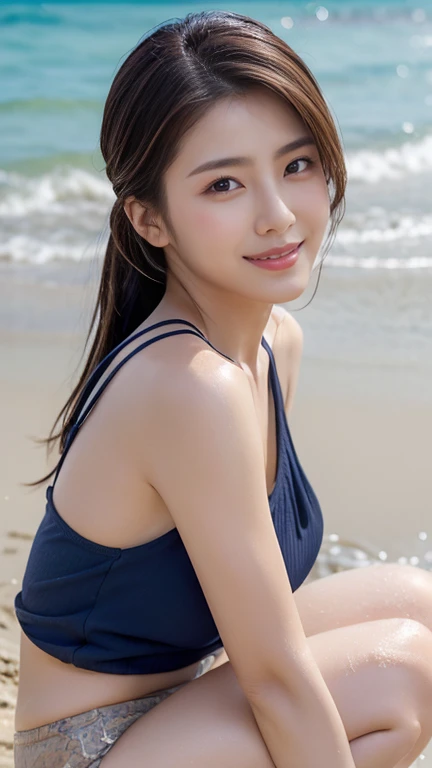 (Realistic: 1.4), (highest quality: 1.4), Ultra-high resolution, (Fine grain),Full body shot,((Pose for gravure photography)),1 High school girl,(Big Breasts),Black wavy hair,((Cute patterned bikini)),Wide eyes,Blushed face,((smile)),Highly detailed face and skin texture, Healthy Skin,(Tropical beach in the evening),8k resolution