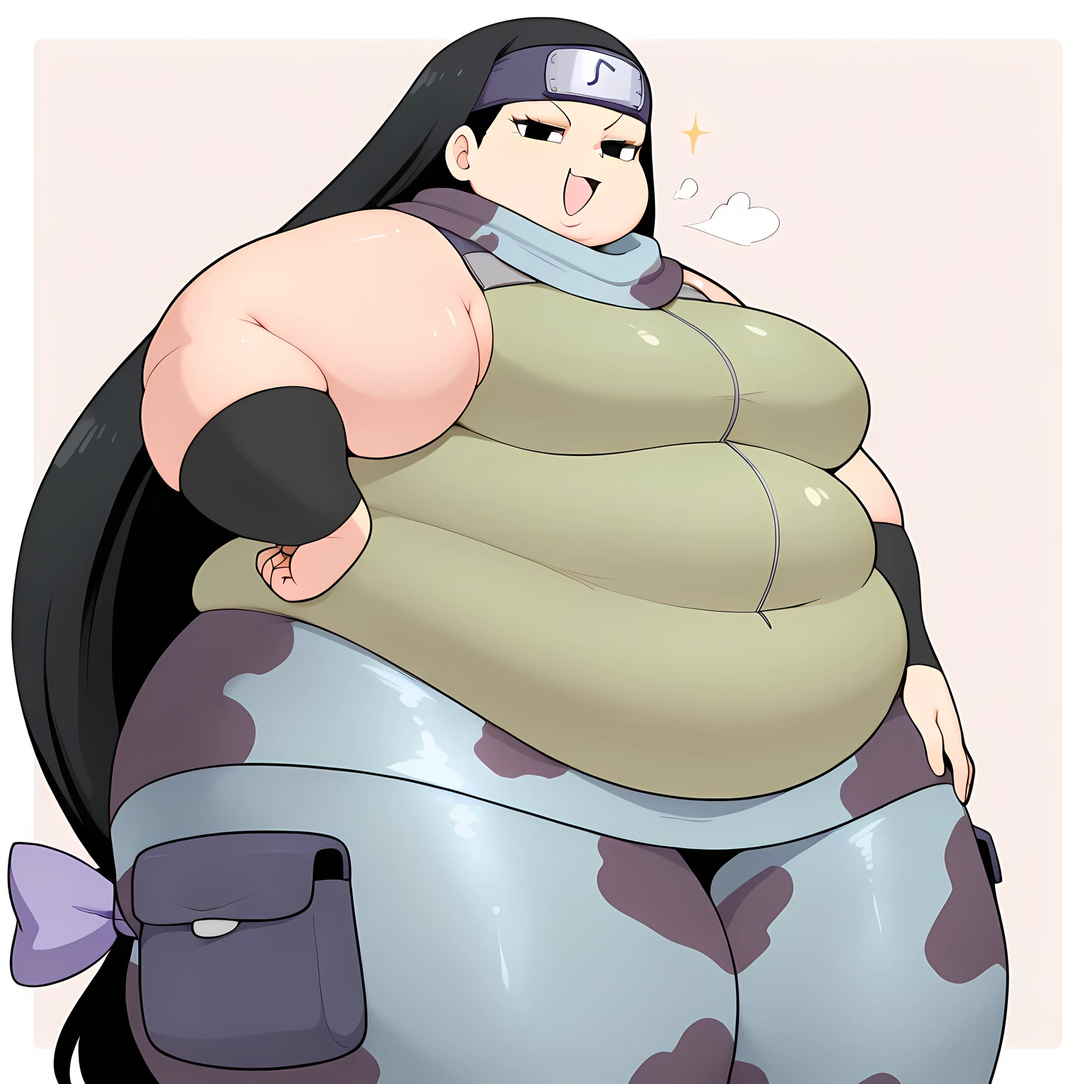 Masterpiece, 4k, highres, high Quality, detailed face, detailed body render, realistic eyes, obese 1girl, solo, obese hyuuga hinata, hinata-sleeveless-outfit, large breasts, neko ears in head, big breast, sleeveless shirt, fishnet top, unzipped jacket, no bra, obese belly, thick thighs, fat arms, fat butt, big cheeks, cute and fat face, breasts out, nipple, standing, blushes, (on kitchen)