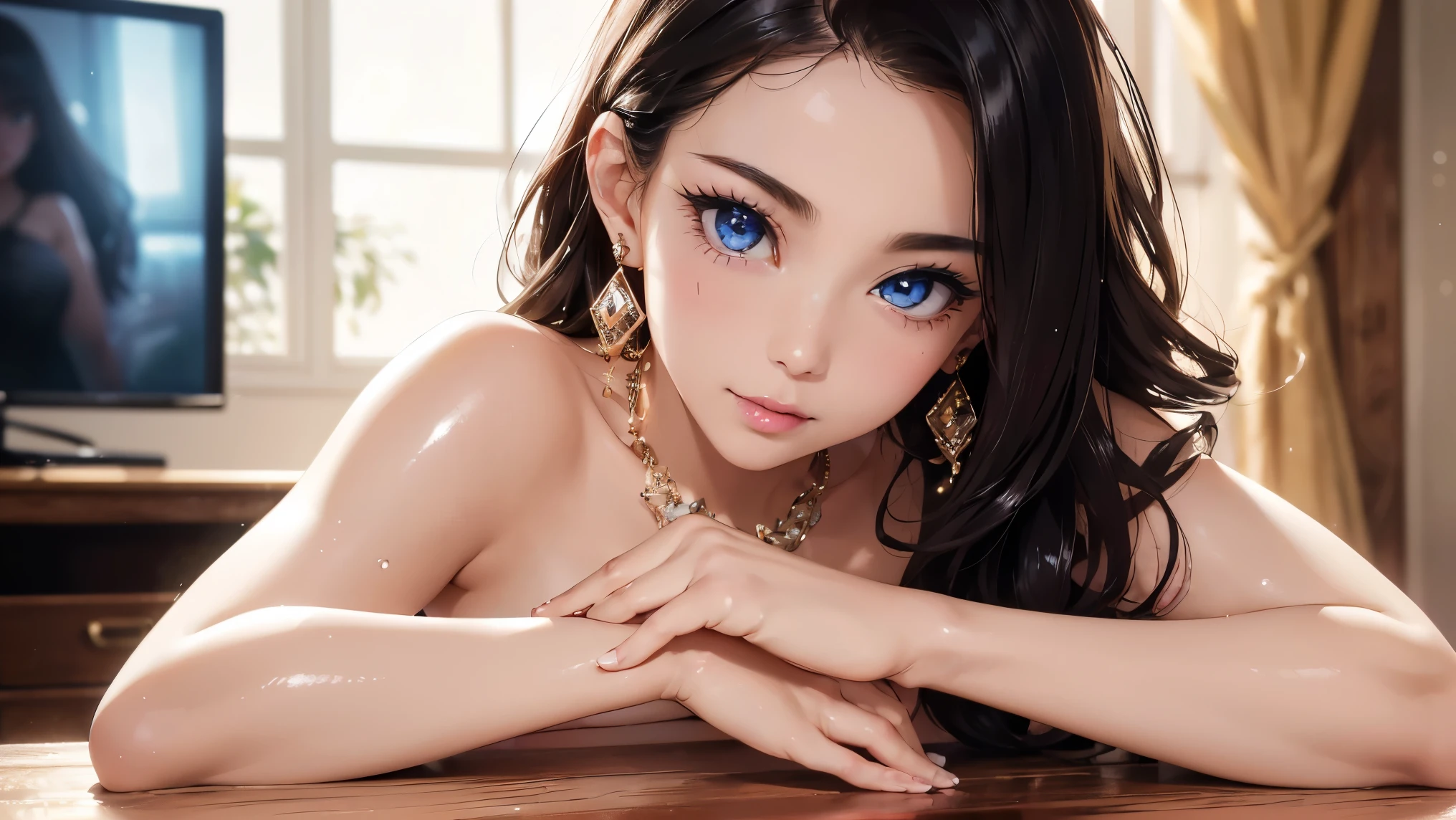 beautiful girl, Eliza de tekken, cabelos curtos franja tampando as sobrancelhas e franjas laterais cumprida, sentada na beira da cama cuidando de rapaz dormindo