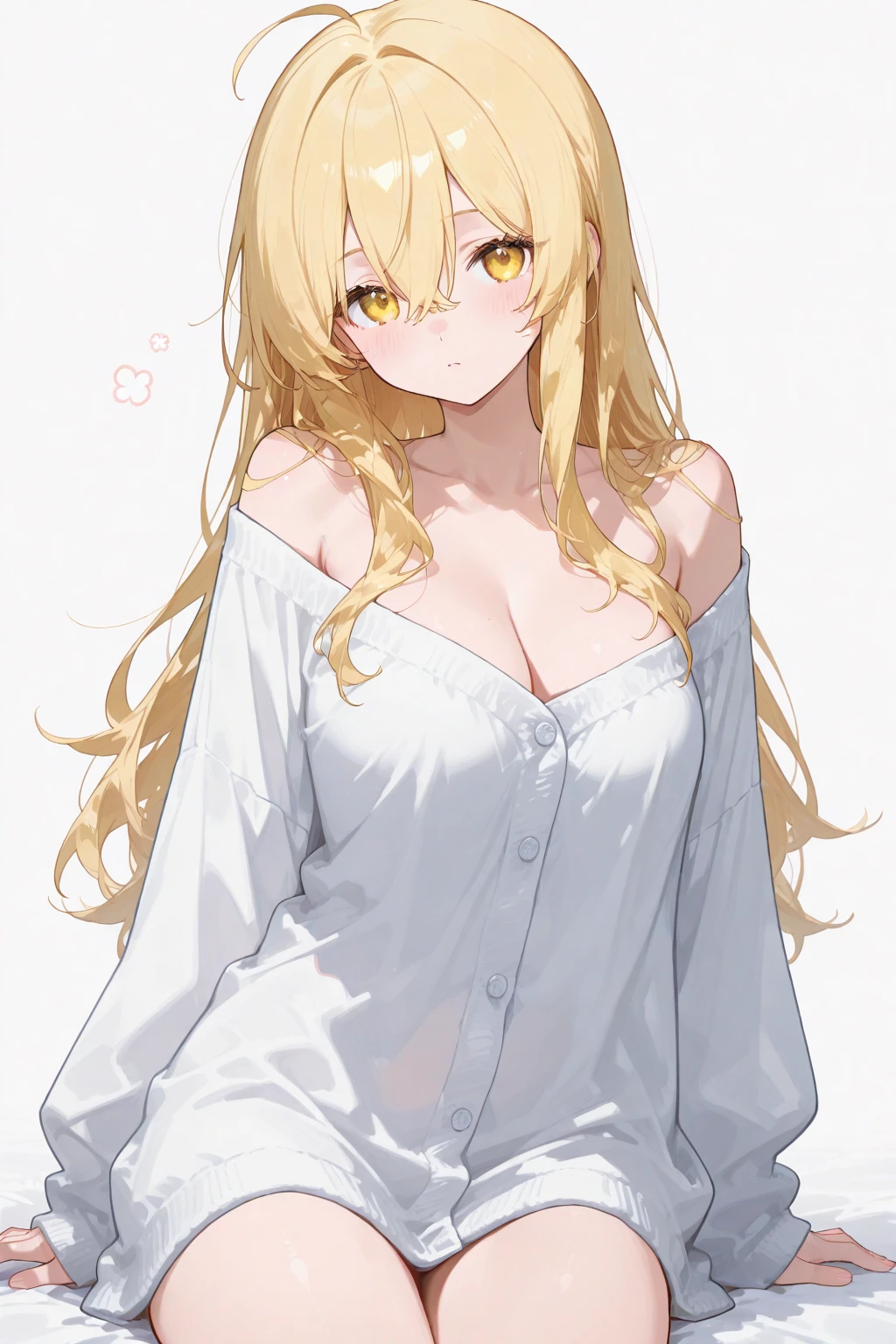 a handsome girl, solo, blond hair, yellow eyes, bright eyes, bangs, open jacket, blouse, navel, BREAK (white off-shoulder hoodie, black skirt:1.5), black garter belt, expressionless, blurry background, perfect lighting, masterpiece, best quality, extremely detailed face, extremely detailed,