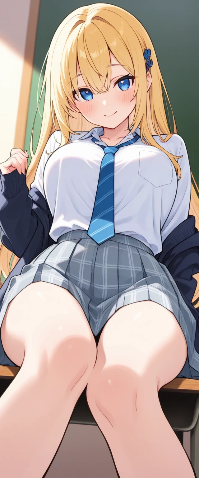1 girl, solo, long hair, looking at viewer, blushing, open mouth, bangs, skirt, blonde hair, simple background, knee socks, long sleeves, white background, underwear, green eyes, visible pussy, visible pubic hair, tie, black knee socks, lifting clothes, bar censorship, lifting skirt, squatting, lifting yourself, ?, pulling panties, legs spread wide, standing on tiptoes
