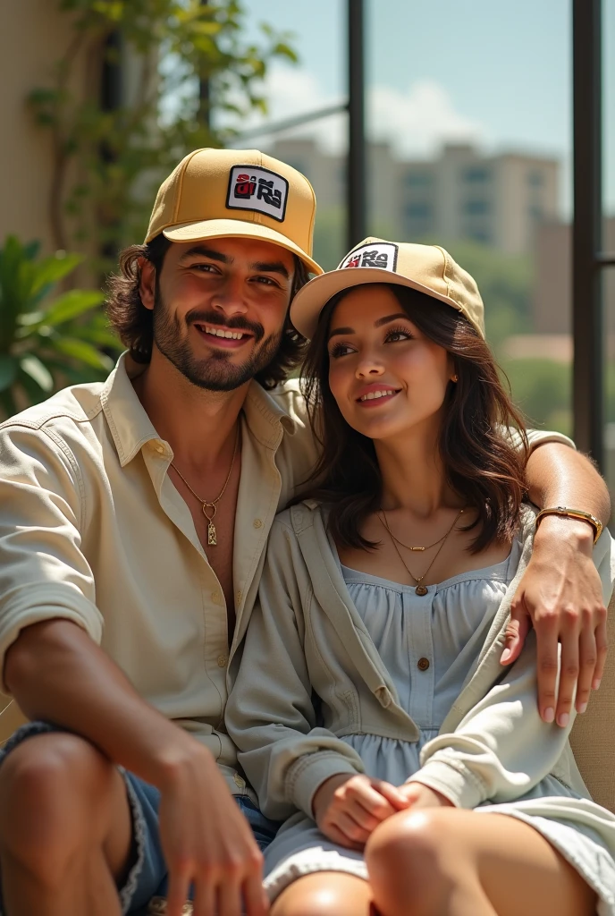 ((mejor calidad)), ((foto casual)), (detallado), 1 hombre, with beard and dark complexion, con gorra azul marino sin marca y lentes de sol oscuros, con camisa negra, accompanied by 1 girl, con facciones de la india