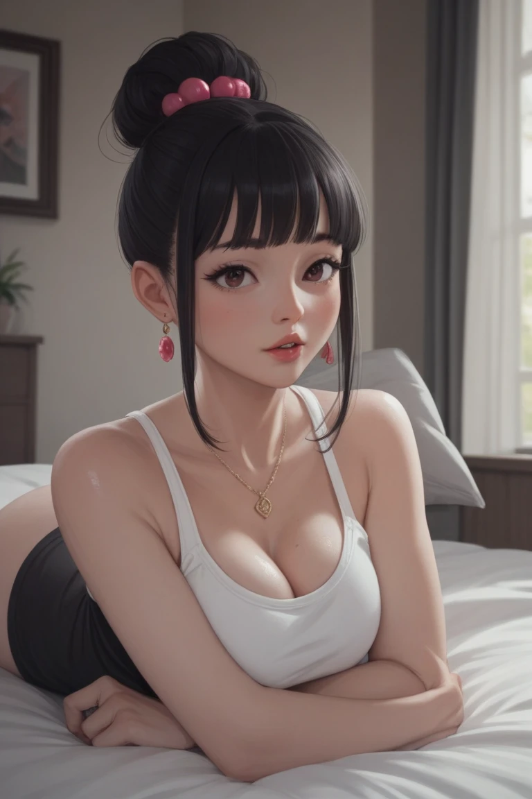Goddess ((goddess-like woman)), slim elegant silhouette, masterpiece, best quality, (close angle), pale skin, fair skin, sweet face, long hair, (masterpiece:1,2, best quality), (real picture, intricate details), (1 lady, solo, medium tits), purple eyes, kissable mouth, full lips, black hair, (Black long hair,), very long hair, straight hair, bracelet, hoop earrings, beautiful face, beautiful eyes, she looks at the viewer, she Wears a wearing a a BH and short sweatpants, sweet irresistible smile, elegant pose, elegant hands, beautiful hands, perfect fingers, right hands, right Arms, background: bedroom, bright room, large window, kneeling on the bed