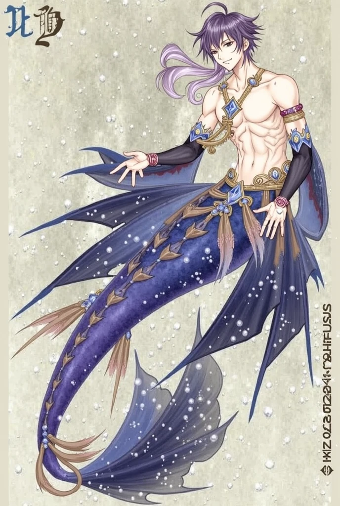 MALE 44 was old Mermaid, Brown Hair, Purple Mermaid tail, Top, Ear Fins, RUNE TATTOOS