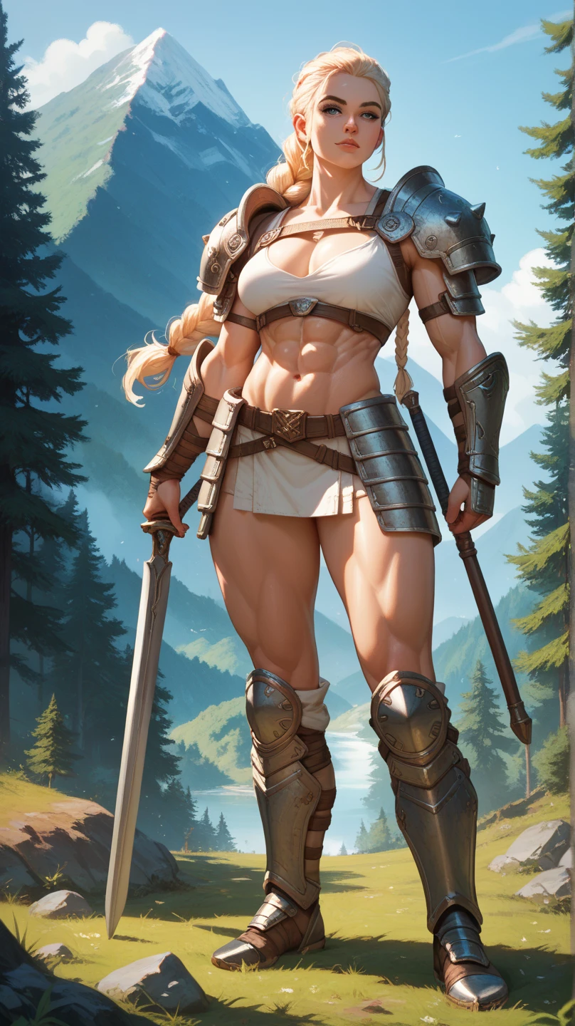 (masterpiece, best quality, high resolution, ((full body, standing,)), ((large breasts)) 1 dwarf woman, (small body), blonde hair tied in a braided bun, muscular body, clothes fantasy dwarf warrior made of full body beast skin, fantasy leather gloves and boots, holding a dwarf sword and shield in her hands, brutal posture