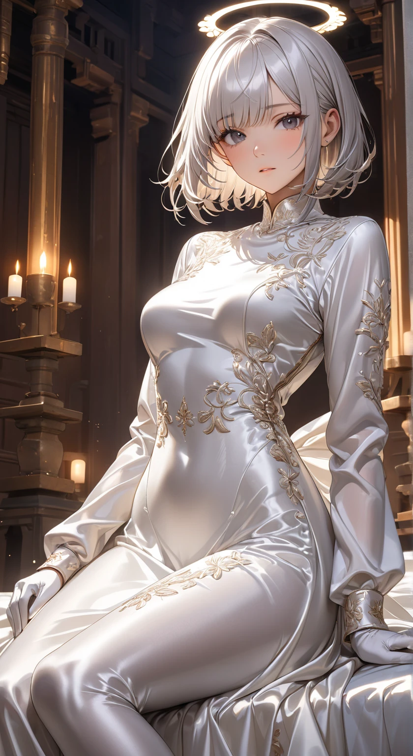 (Highest quality、16K、masterpiece、Ultra-high resolution、Victorian era、Photorealistic:1.2)、A delicate Lolita girl, aged 13, stands on a castle balcony at dusk, surrounded by the city's skyline and steampunk contraptions. Her platinum hair is messy, framing her androgynous charm. She wears a flowing white dress with a light green tie and holds a pocket watch in hand. A subtle smile plays on her lips as she gazes out at the night view, her eyes shining like sapphires. The air is filled with steam spewing from pipes, adding to the surreal atmosphere. Her skin glows with an ultra-dense texture, and her fingers are full and detailed.