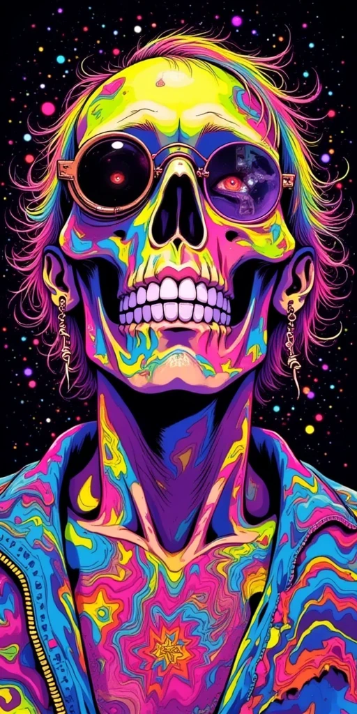 an abstranct woman with long hair, holding smoky cigarette in her hand, face as the shape of a skull, colorful vector style, ??? vision style, portrait view.
