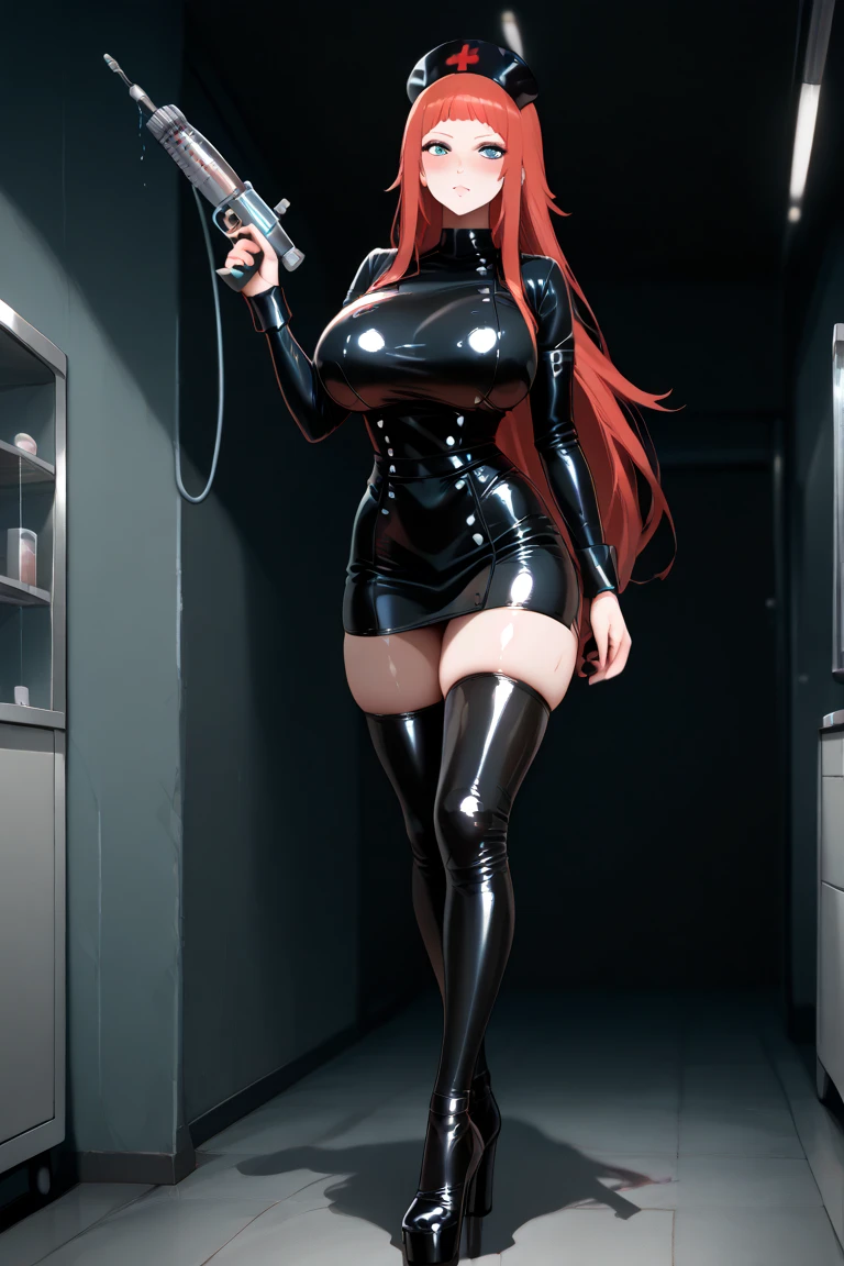 Rias Gremory, huge boobs, thick thighs, full body shot, detailed face, platform heels, high leg jersey, captain hat, mind control, attention grabbing, shadaloo dolls (street fighters), boots, highres, masterpiece