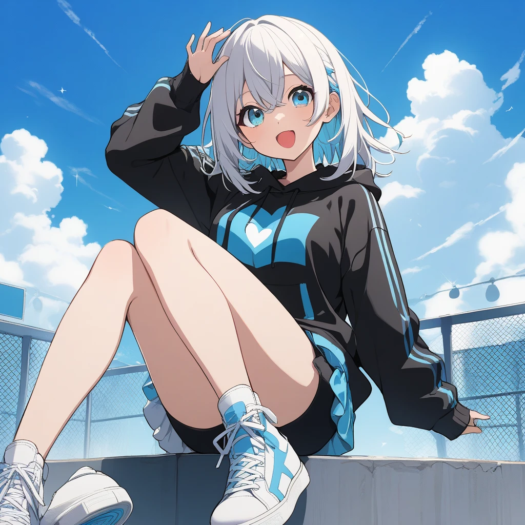 HD picture, children's youthful style, dynamic face appearance, strong and vibrant blue eyes, playground background, white Bob hairstyle 1boy sitting on the ground, wearing slim white hoodie and black knee socks, smiling, black shoes, depth of field, full body view, scissor gesture directly in front.